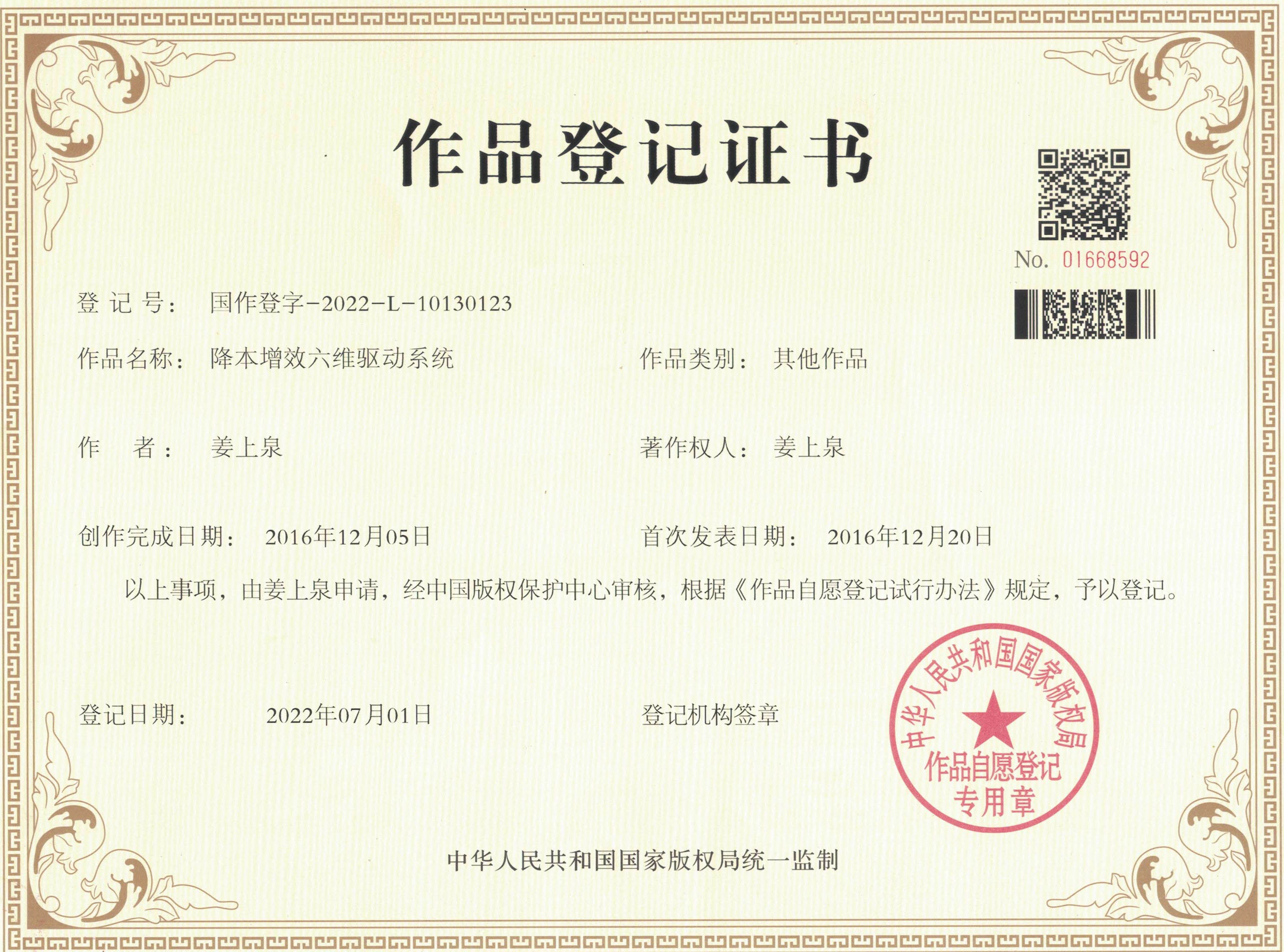 降本增效六維系統知識產權證書